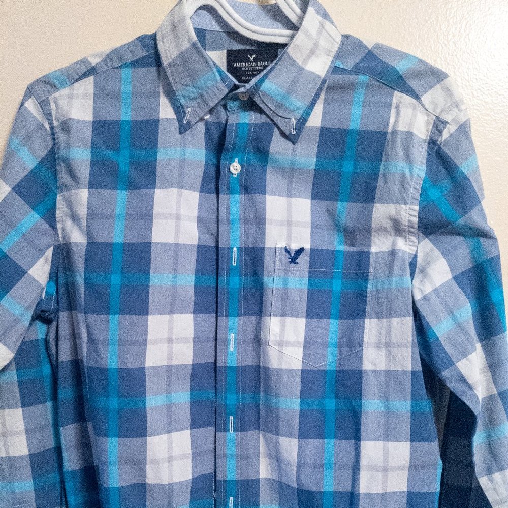 Blue/White LS Button Down Flannel Shirt - AE - S